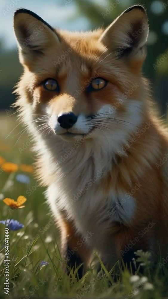 Fox sitting against nature background, close-up. Fox sitting against nature background, close-up.