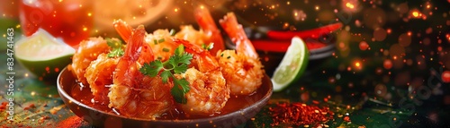 Coconut shrimp, fried and served with sweet chili sauce, tropical beach bar photo