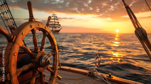  illustration of a ship steering wheel  commonly known as helm  at sunset Keywords 