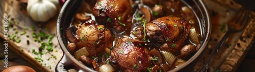 Coq au vin, chicken cooked in wine with mushrooms and onions, French farmhouse kitchen