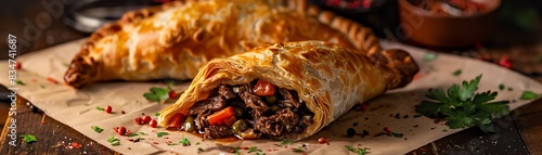 Cornish pasty, beef and vegetable filling, served hot, quaint English coastal town photo