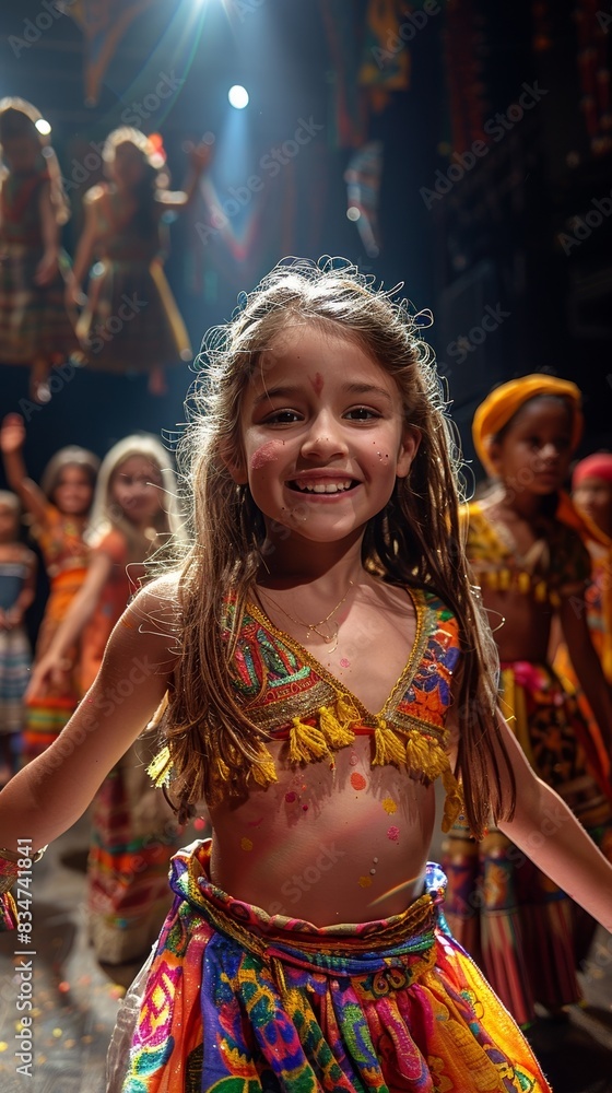 Obraz premium A stage performance with children acting out a play in bright costumes.