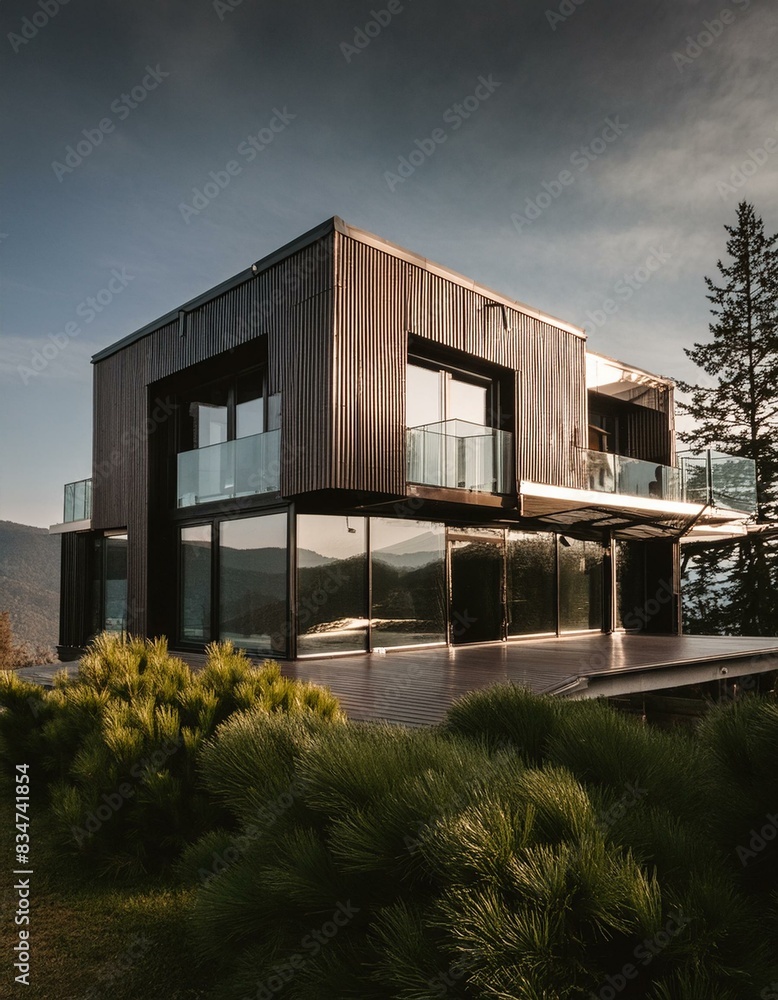 Fototapeta premium modern office building in night, modern house with expansive windows and metal finishes