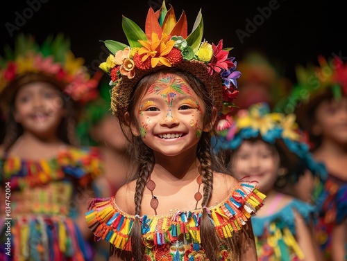 A stage performance with children acting out a play in bright costumes.