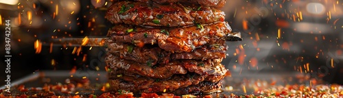 Doner kebab on a vertical rotisserie, thinly sliced meat, busy Turkish market scene