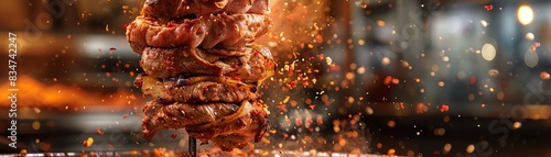 Doner kebab on a vertical rotisserie, thinly sliced meat, busy Turkish market scene