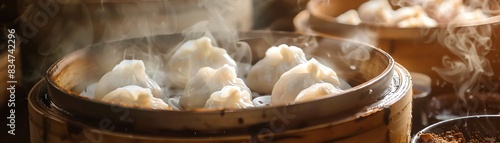 Dumplings, steamed and served with soy sauce, bustling dim sum restaurant in Hong Kong