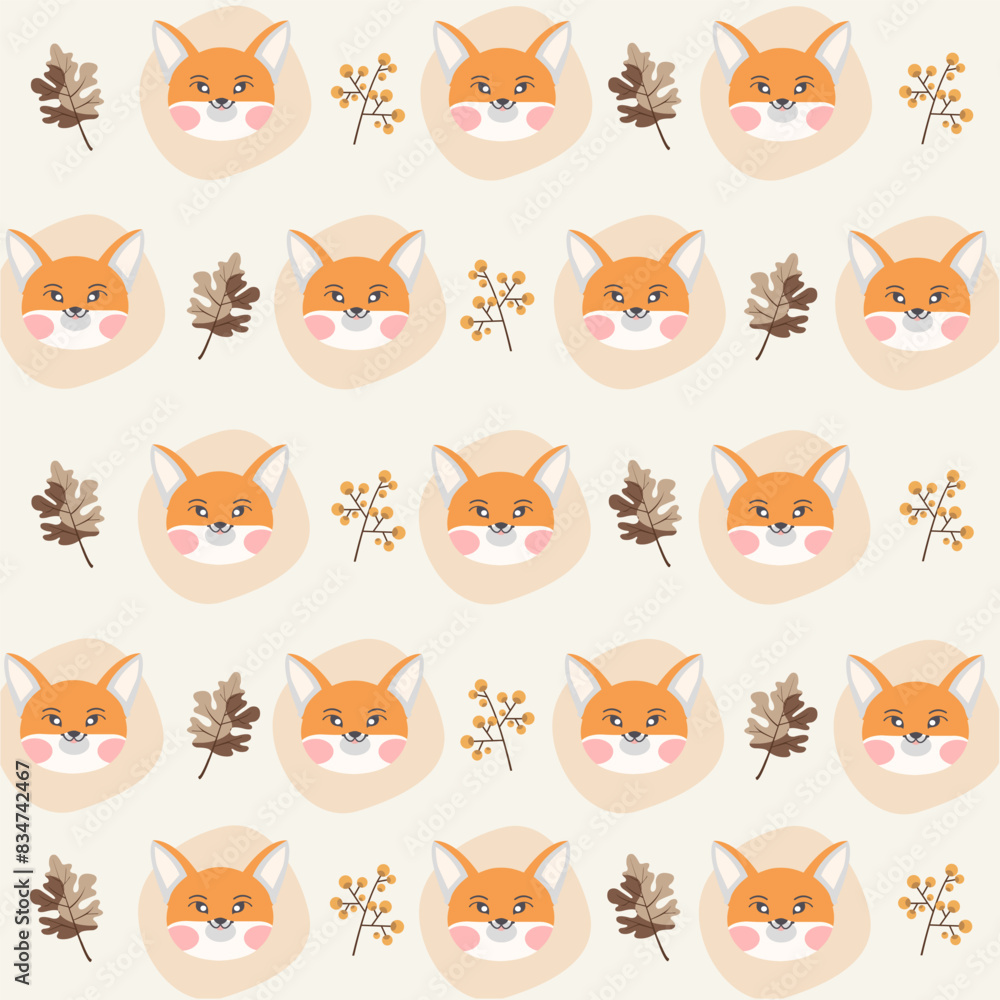 Cute Fox Head Pattern, Leaf Pattern, Vector Illustration. Cartoon character design. background. vector illustration, animal cartoon pattern. Cute Fox Head Pattern, Leaf Pattern, Vector Illustration. Cartoon character design. background. vector illustration, animal cartoon pattern.