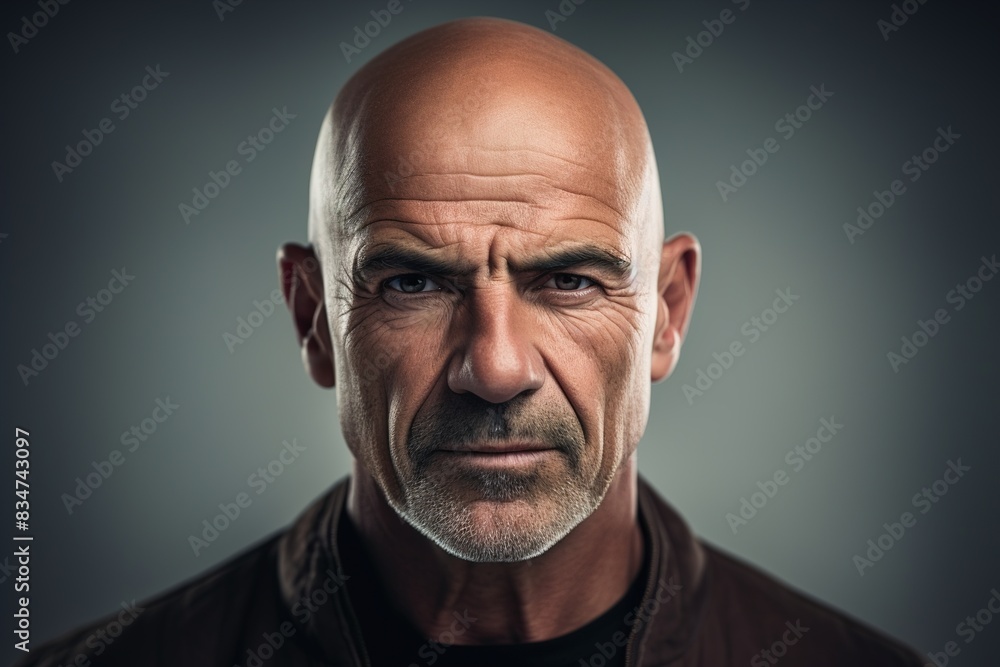A man with a bald head and a beard is staring at the camera
