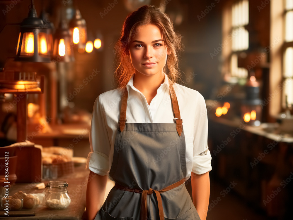 A smiling woman in a bakery, wearing an apron, with a warm, cozy interior background, embodying the concept of a friendly baker. Generative AI A smiling woman in a bakery, wearing an apron, with a warm, cozy interior background, embodying the concept of a friendly baker. Generative AI