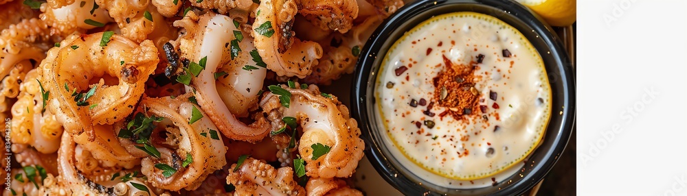 Fried calamari, served with lemon and aioli, seaside Mediterranean eatery Fried calamari, served with lemon and aioli, seaside Mediterranean eatery