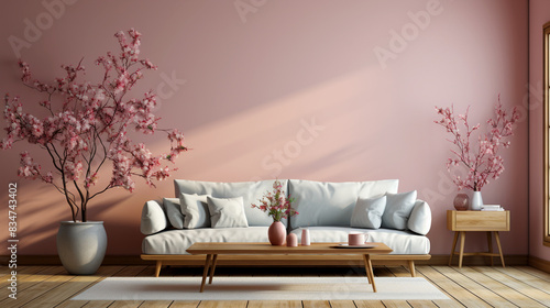 Interior design with sofa set, small vase and mug on table and large floral tree vase next to sofa against pastel pink blank wall, poster mockup concept © s1pkmondal143