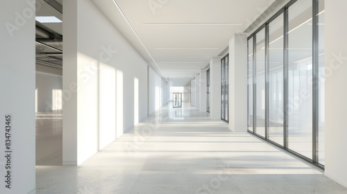 Modern open space office corridor with blank wall for mockup display  
