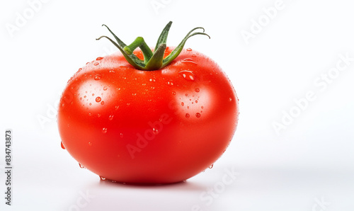 Vibrant red tomato with evergreen stem and water drops on it on white background © s1pkmondal143