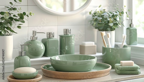 Minimalist bathroom accessories set in green ceramic and wood on a light gray windowsill  with soft lighting