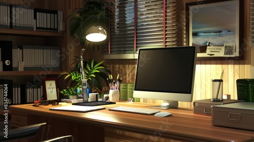 Wallpaper Mural Modern home office workspace with desk supplies, laptop, and coffee mug on a clean desk in a bright, minimalistic environment Torontodigital.ca