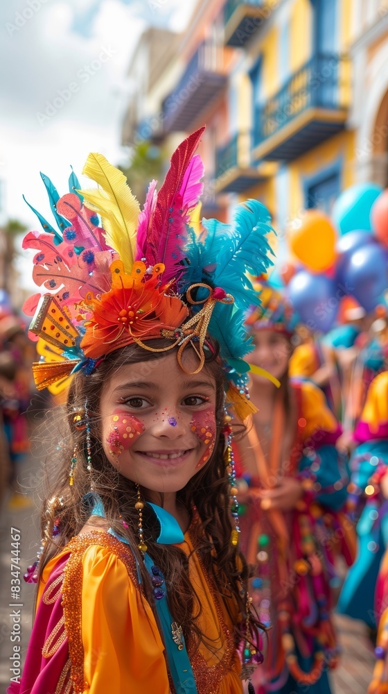 A vibrant parade with children in colorful costumes holding balloons and banners. A vibrant parade with children in colorful costumes holding balloons and banners.