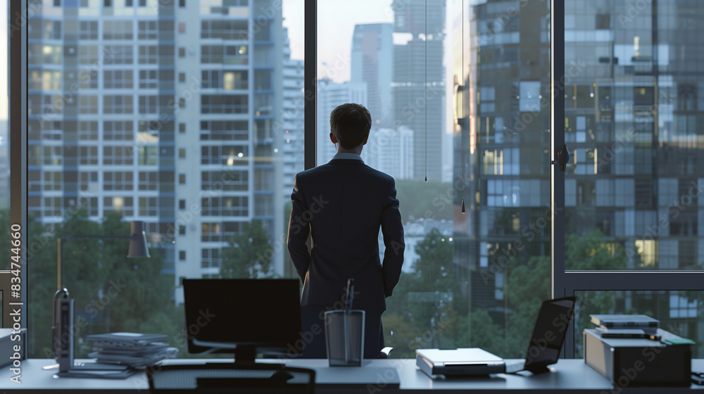 A man in a suit is sitting at a desk with a laptop in front of him. He is looking out the window at the city skyline. Concept of focus and productivity A man in a suit is sitting at a desk with a laptop in front of him. He is looking out the window at the city skyline. Concept of focus and productivity
