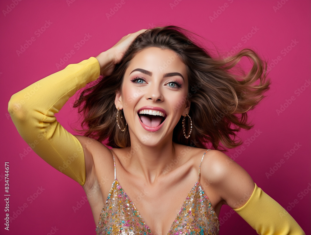 Studio Portrait of a Young Woman Laughing in a Great Mood Against a Colorful Background Studio Portrait of a Young Woman Laughing in a Great Mood Against a Colorful Background