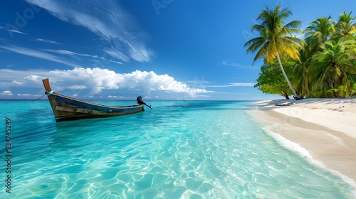 A high-resolution image of a tropical beach with crystal-clear blue water and a small boat anchored near the shore. The scene includes palm trees lining the white sandy beach  a bright blue sky with