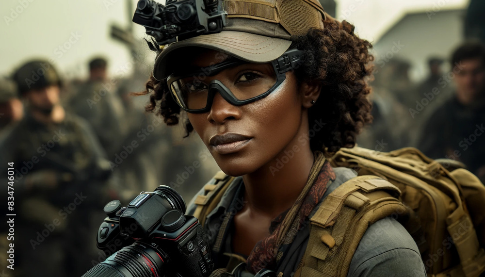 A woman in a military uniform is holding a camera. She is wearing a hat and glasses. The image is of a group of people, some of whom are soldiers A woman in a military uniform is holding a camera. She is wearing a hat and glasses. The image is of a group of people, some of whom are soldiers