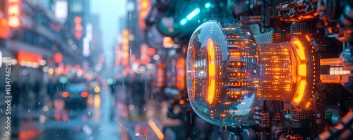 Closeup of a futuristic mechanical device with glass elements and glowing lights  city street background