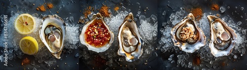 Oysters on the half shell, served with lemon and mignonette sauce, chic Parisian seafood bar photo