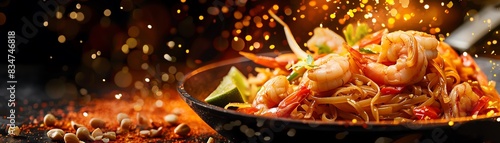 Pad Thai, stirfried noodles with shrimp, peanuts, and lime, bustling Thai street food scene