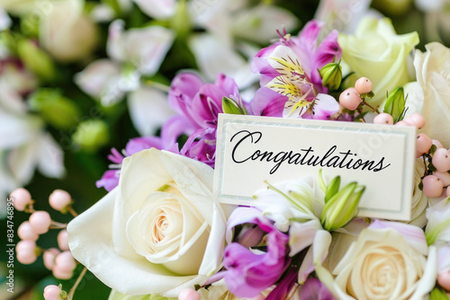 Congratulatory Bouquet with White Roses and Purple Flowers