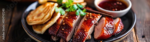 Peking duck, crispy skin served with pancakes and hoisin sauce, upscale Beijing restaurant photo