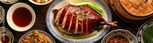 Peking duck, served with pancakes, scallions, and hoisin sauce, elegant Chinese restaurant, traditional decor photo