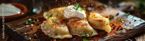 Pierogi, served with a dollop of sour cream and onions, Polish street festival