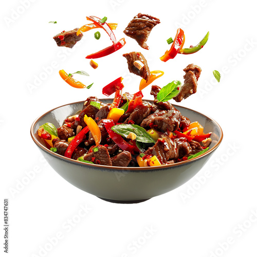 Sautéed beef with bell peppers and herbs, ingredients mid-air, high angle view on white background

 photo