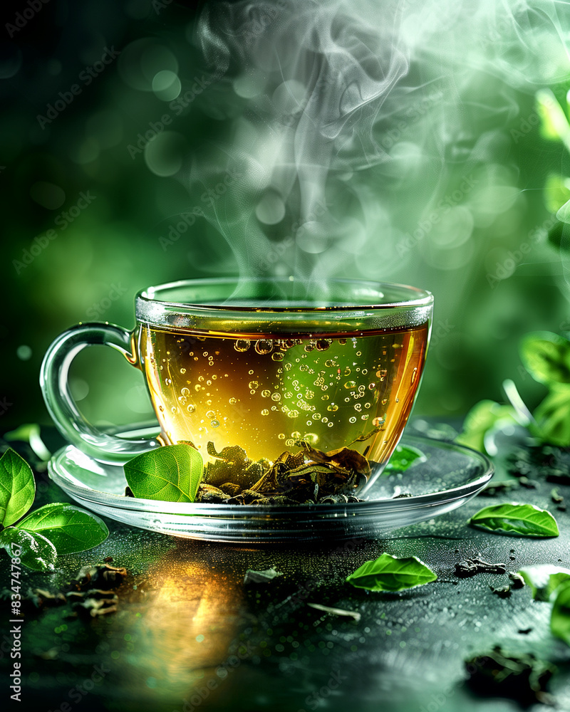 A cup of tea with a green leaf on top of it A cup of tea with a green leaf on top of it