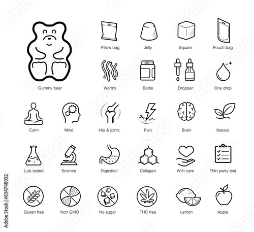 Set icons for chews treats, gummy. The outline icons are well scalable and editable. Contrasting vector elements are good for different backgrounds. EPS10.