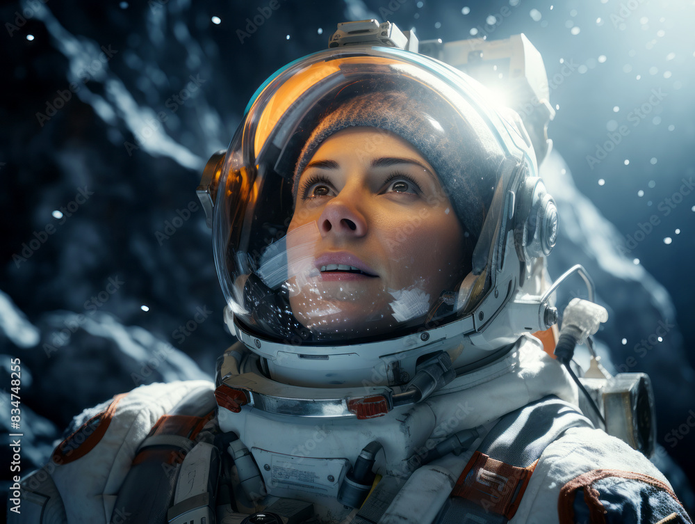 Astronaut in space suit against a starry space background, evoking a concept of exploration. Generative AI Astronaut in space suit against a starry space background, evoking a concept of exploration. Generative AI