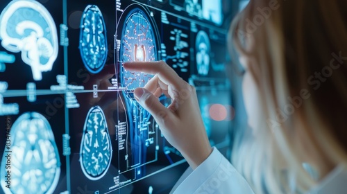 Radiologist analyzing brain scans on a digital screen. photo