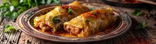 Romanian sarmale, cabbage rolls filled with spiced meat and rice, traditional ceramic plate, rustic wooden table with vintage eastern European feel photo