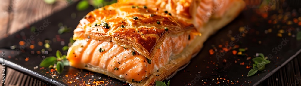 Salmon en croute, baked in puff pastry, elegant dinner party Salmon en croute, baked in puff pastry, elegant dinner party