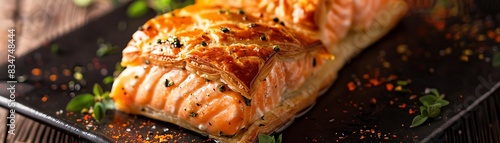 Salmon en croute, baked in puff pastry, elegant dinner party photo