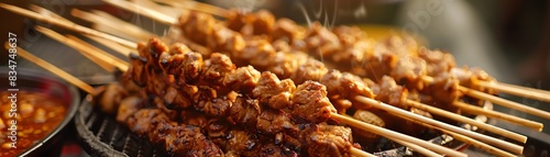 Satay, grilled meat skewers with peanut sauce, vibrant Southeast Asian street market