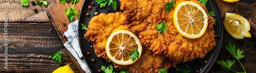 Schnitzel, breaded and fried cutlet, served with lemon slices, Austrian mountain inn photo