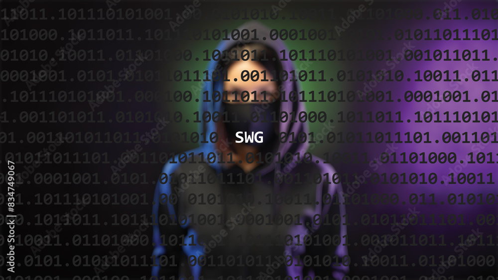 Cyber attack swg text in foreground screen, anonymous hacker hidden with hoodie in the blurred background. Vulnerability text in binary system code on editor program. Cyber attack swg text in foreground screen, anonymous hacker hidden with hoodie in the blurred background. Vulnerability text in binary system code on editor program.