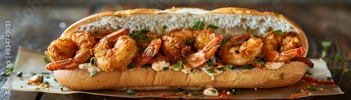Shrimp poboy, fried shrimp in a baguette, lively New Orleans music festival
