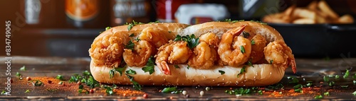 Shrimp poboy, fried shrimp in a baguette, lively New Orleans music festival photo