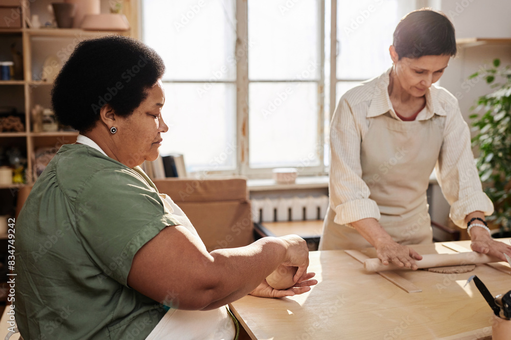 Portrait of two mature women enjoying pottery class in cozy art studio lit by sunlight copy space Portrait of two mature women enjoying pottery class in cozy art studio lit by sunlight copy space