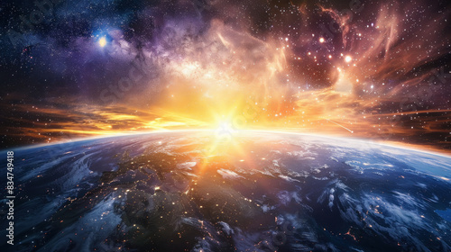 Fototapeta Naklejka Na Ścianę i Meble -  View of the Earth, star and galaxy. Sunrise over planet Earth, view from space.