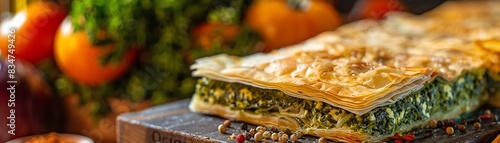 Spanakopita, Greek spinach pie in flaky phyllo pastry, outdoor market in Athens photo