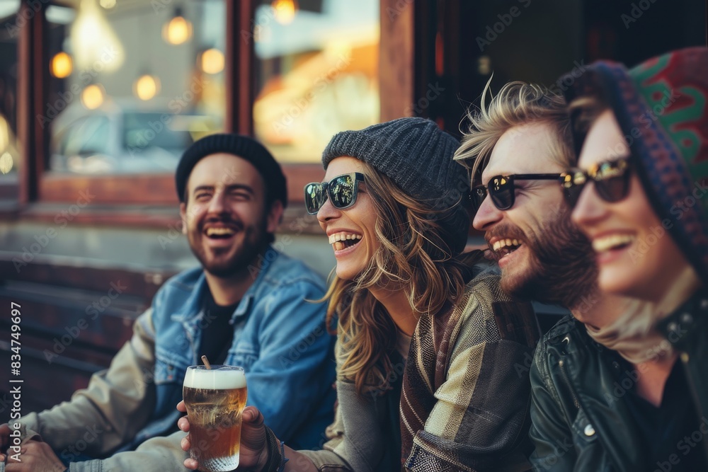 Group of friends having fun and drinking beer in a pub on a summer day. Group of friends having fun and drinking beer in a pub on a summer day.
