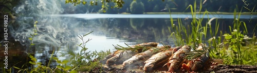 Surstromming, Swedish fermented herring, opened outdoors, traditional summer setting near a lake photo